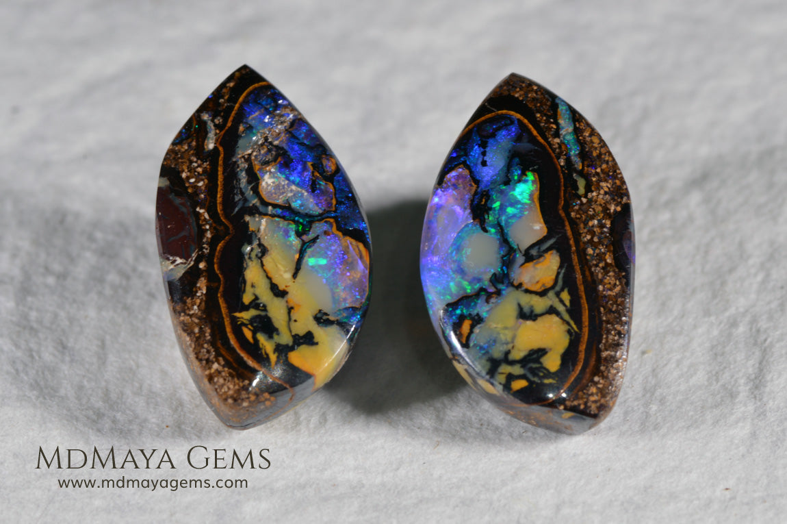  Australian Boulder Wood Fossil Opal Pair. Cabochon Oval Cut. 10.45 ct. 