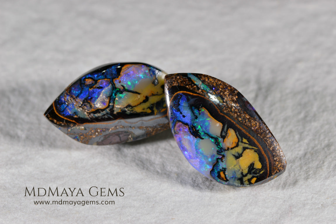  Australian Boulder Wood Fossil Opal Pair. Cabochon Oval Cut. 10.45 ct. 