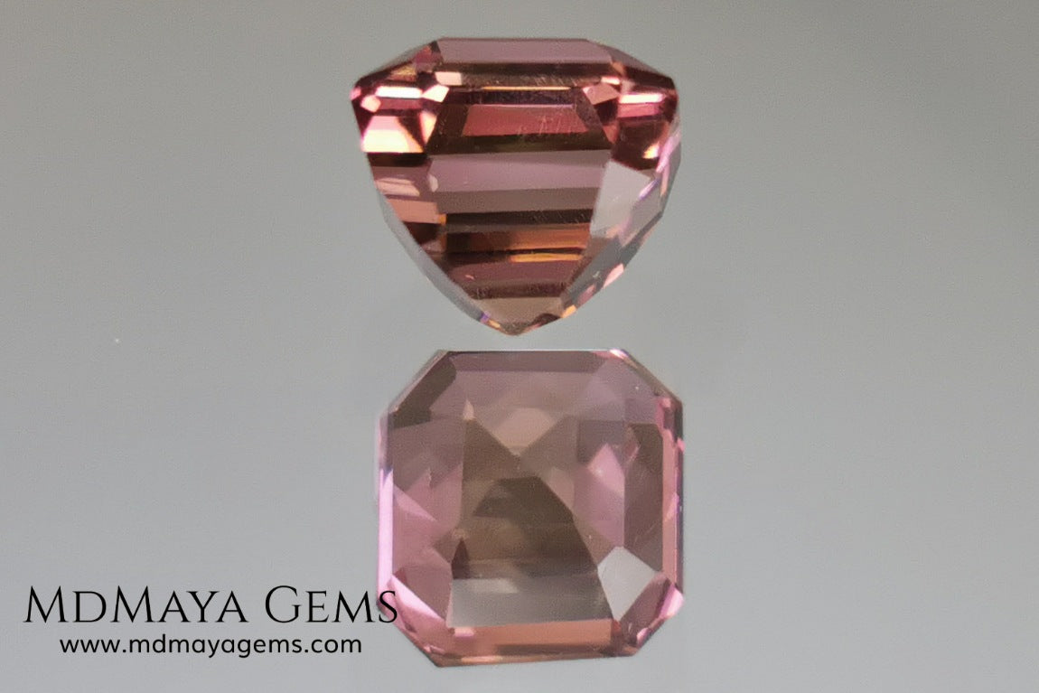 Bicolor, pink and gold tourmaline. Asscher cut. 2.21 ct.  This incredible natural gem has two colors, golden yellow and pink. Both colors coexist mixed, and once the light falls on it it is difficult to separate them; the mix is elegant and luxurious. Great cutting quality. Without a doubt it will be incredible in any piece of jewelry.