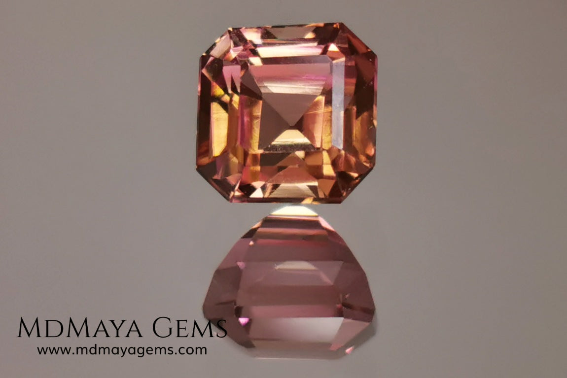 Bicolor, pink and gold tourmaline. Asscher cut. 2.21 ct.  This incredible natural gem has two colors, golden yellow and pink. Both colors coexist mixed, and once the light falls on it it is difficult to separate them; the mix is elegant and luxurious. Great cutting quality. Without a doubt it will be incredible in any piece of jewelry.