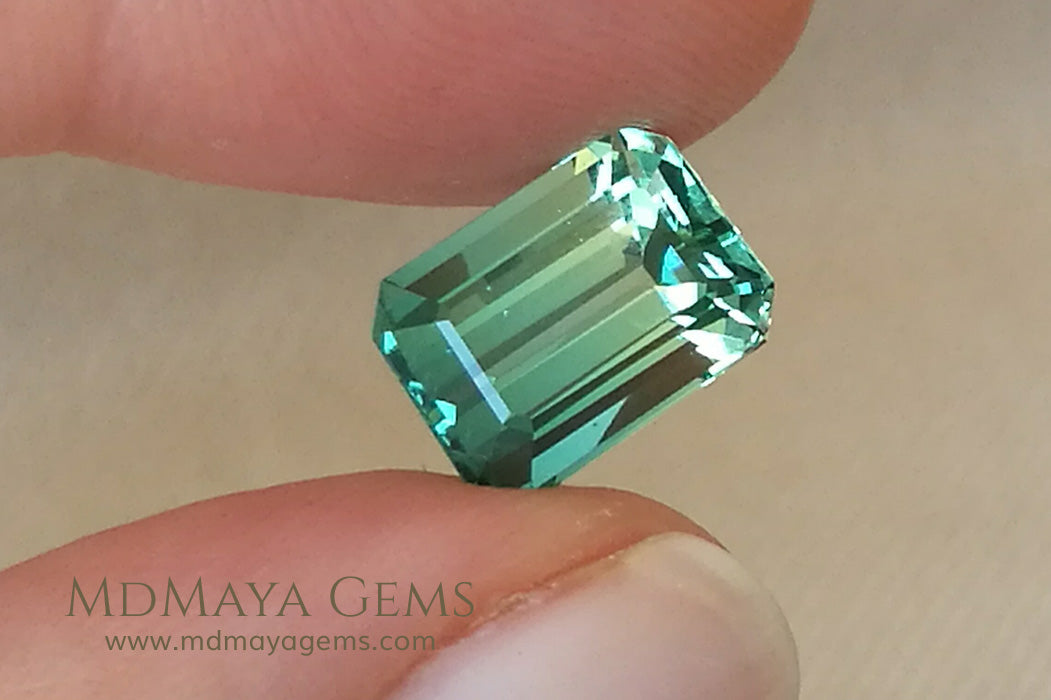 Bicolor Tourmaline, Bright Blue Green color, Emerald Cut 4.71 ct - under daylight