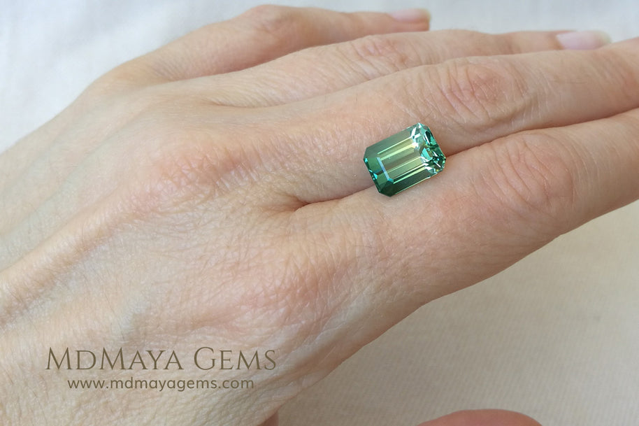 Bicolor Tourmaline, Bright Blue Green color, Emerald Cut 4.71 ct - under daylight