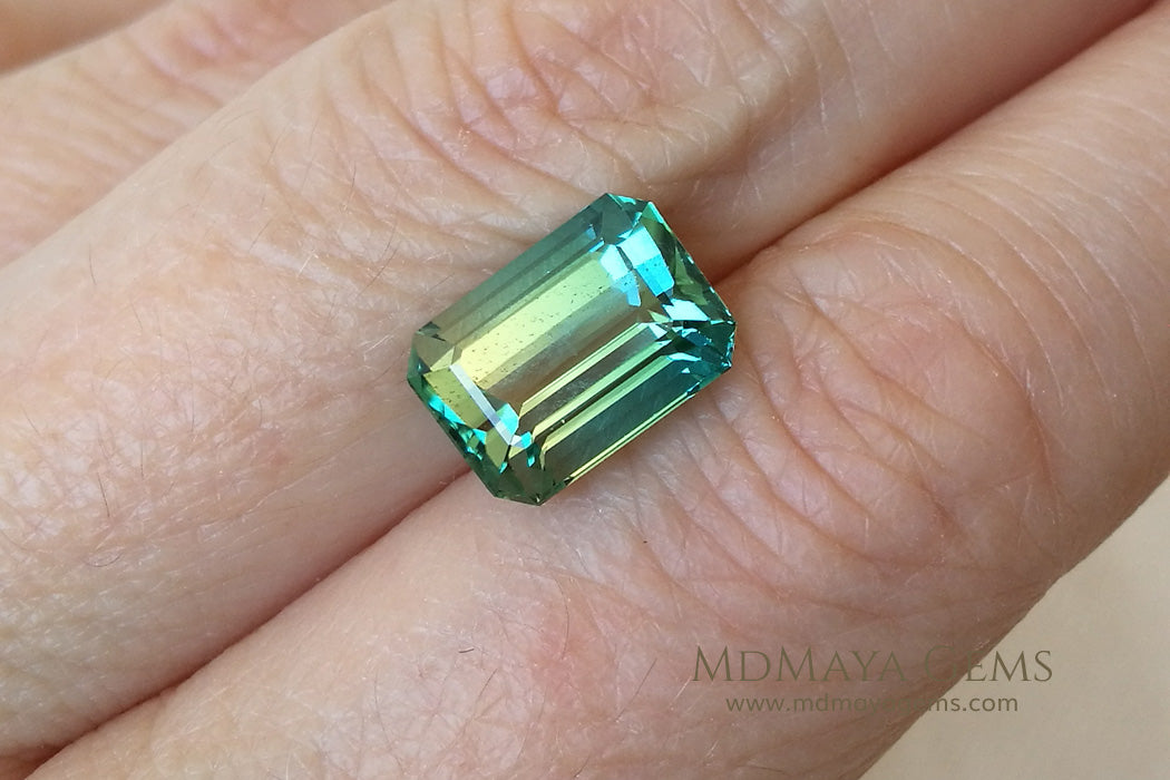 Bicolor Tourmaline, Bright Blue Green color, Emerald Cut 4.71 ct - under daylight