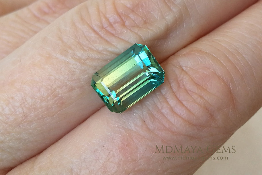 Bicolor Tourmaline, Bright Blue Green color, Emerald Cut 4.71 ct - under daylight