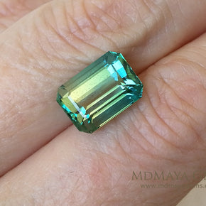 Bicolor Tourmaline, Bright Blue Green color, Emerald Cut 4.71 ct - under daylight