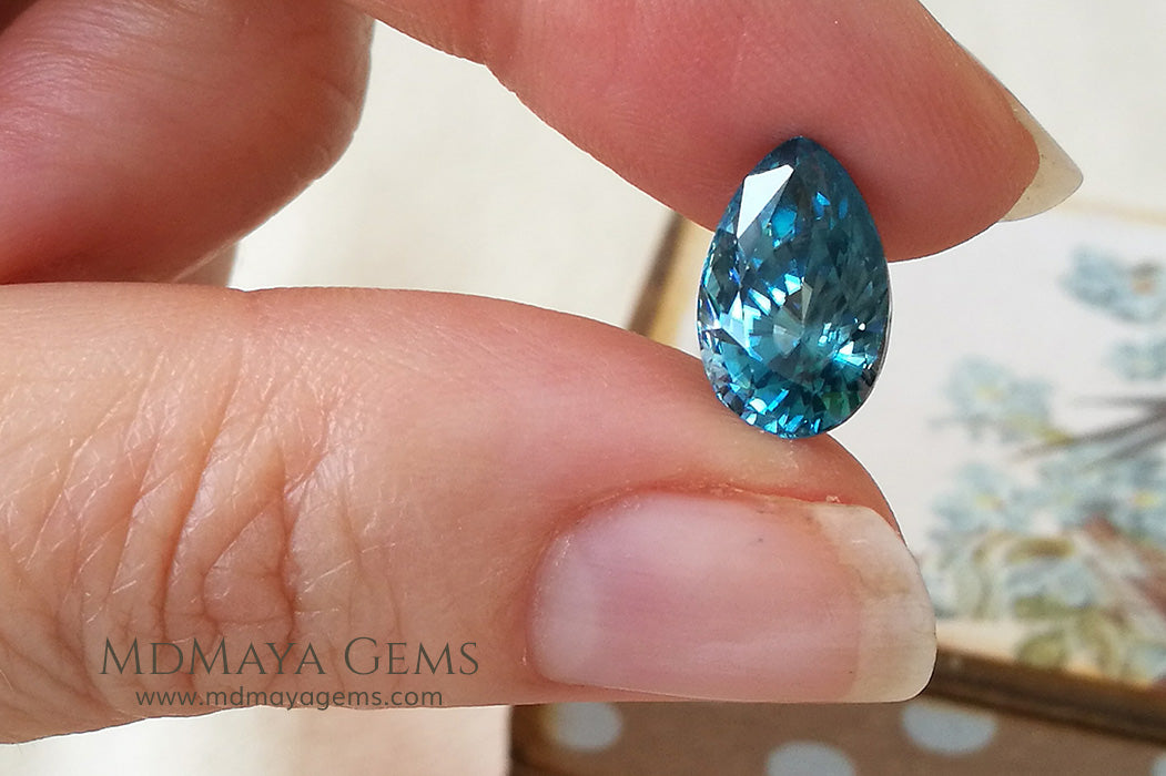 Natural Cambodian Blue Zircon Gemstone Pear Cut 5.65 ct