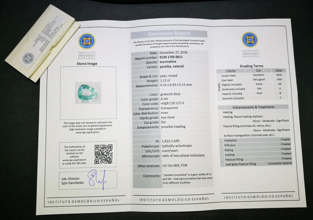 certificate of Finest Neon Greenish Blue Paraiba Pear Cut 2.21 ct 
