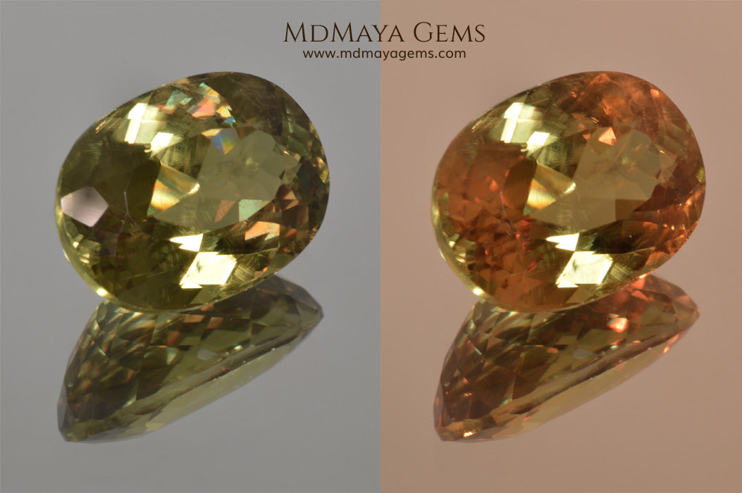 Color Change Diaspore Gemstone 12.03 ct under different lighting conditions