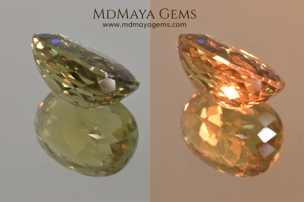 Color Change Diaspore Gemstone 12.03 ct under different lighting conditions