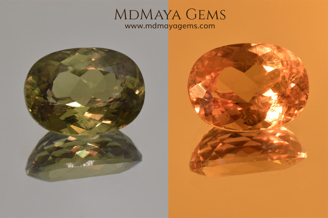 Color Change Diaspore Gemstone 12.03 ct under different lighting conditions