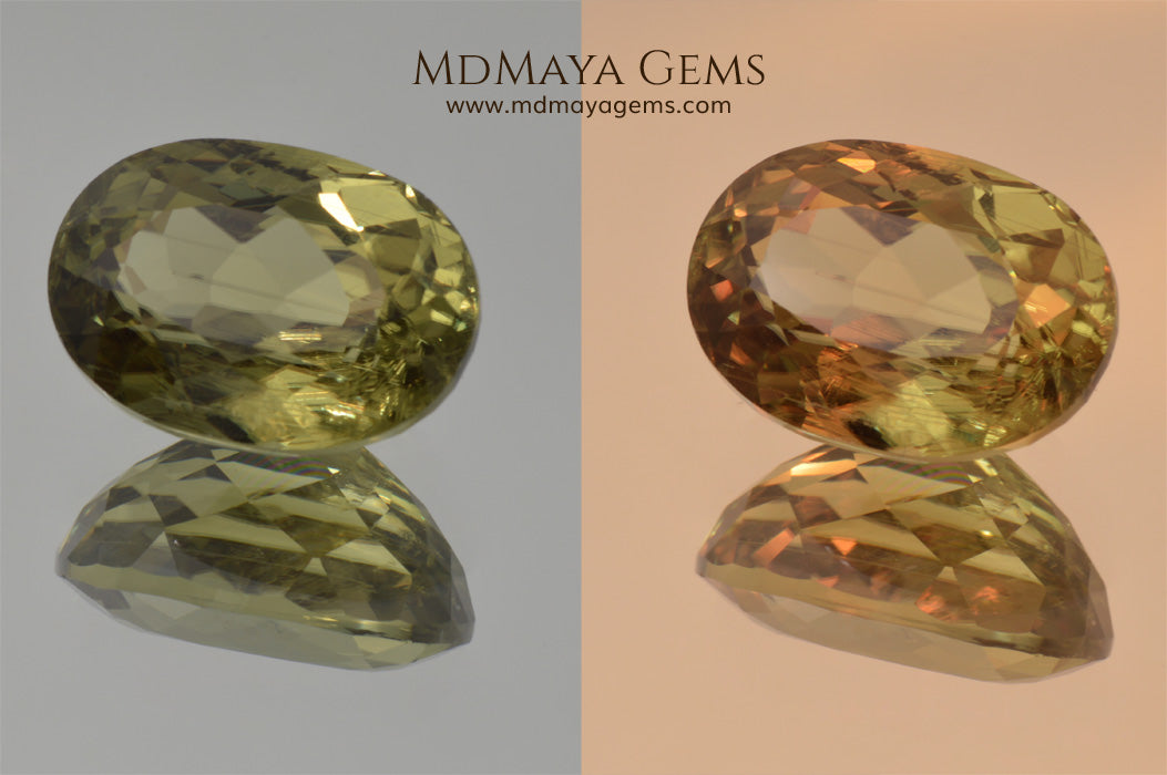 Color Change Diaspore Gemstone 7.68 ct under different lighting conditions