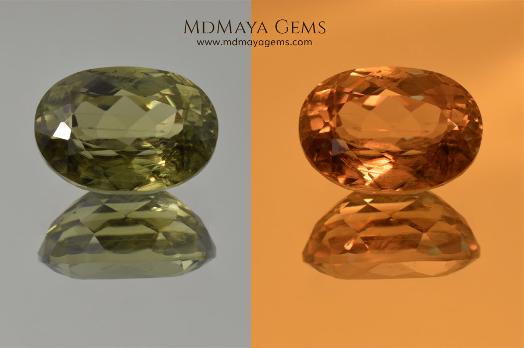 Color Change Diaspore Gemstone 7.68 ct under different lighting conditions
