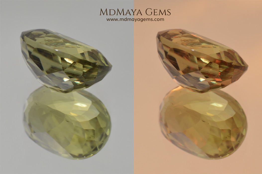 Color Change Diaspore Gemstone 7.68 ct under different lighting conditions