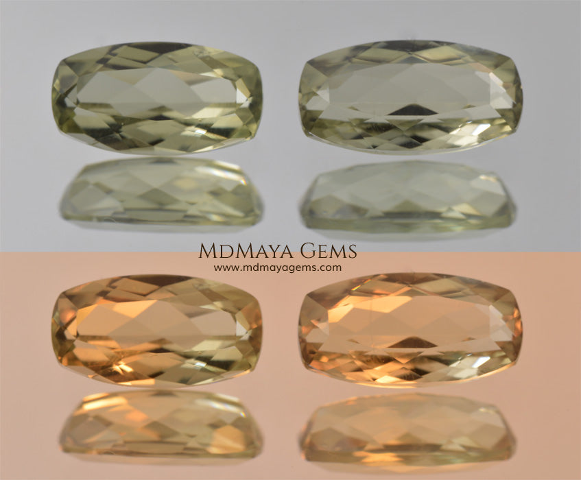 Color Change Diaspore Gemstone 3.15 ct pair under different lighting conditions