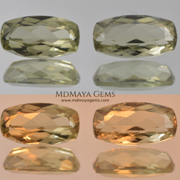 Color Change Diaspore Gemstone 3.15 ct pair under different lighting conditions