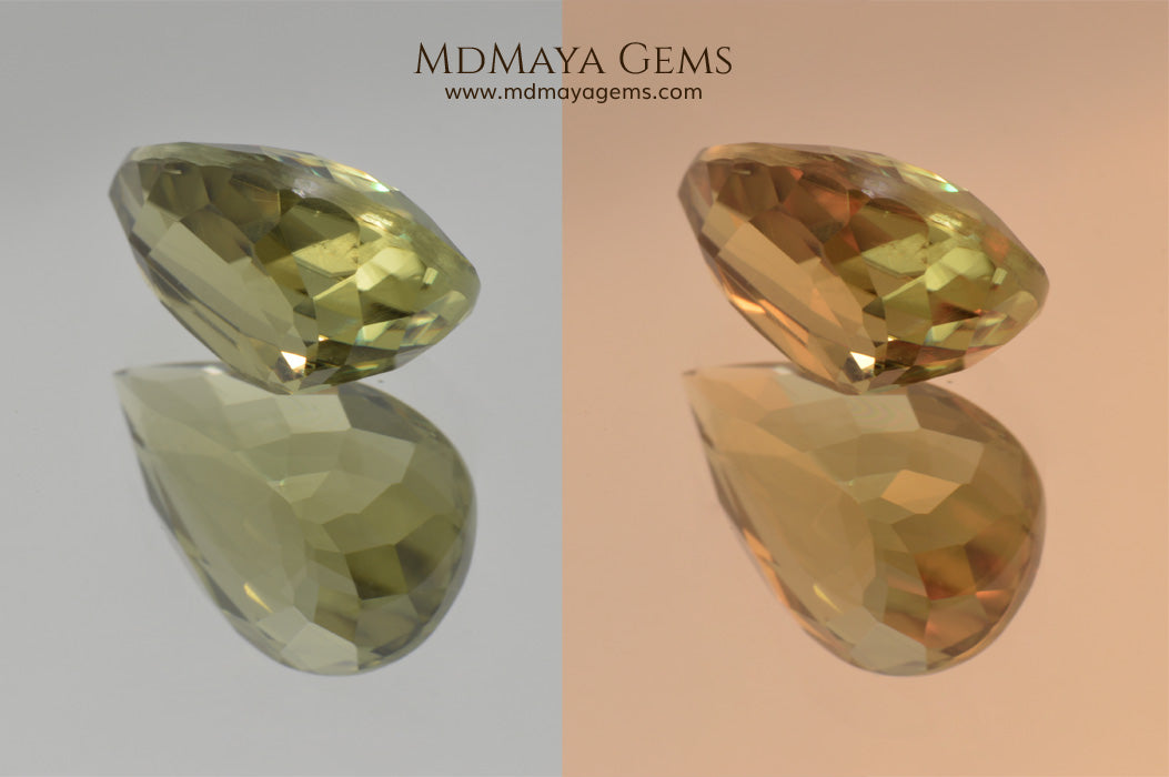 Color Change Diaspore Gemstone 7.77 ct under different lighting conditions