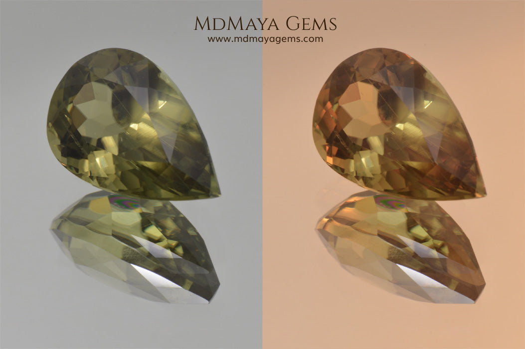 Color Change Diaspore Gemstone 7.77 ct under different lighting conditions
