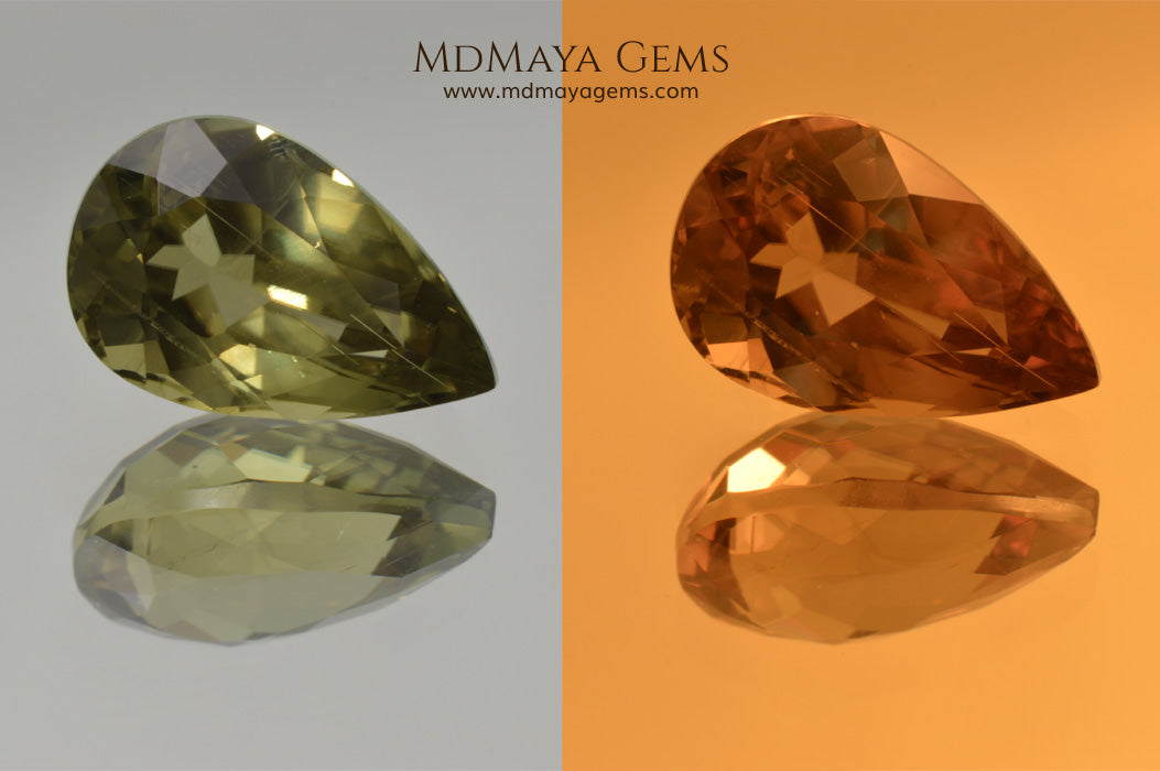 Color Change Diaspore Gemstone 7.77 ct under different lighting conditions
