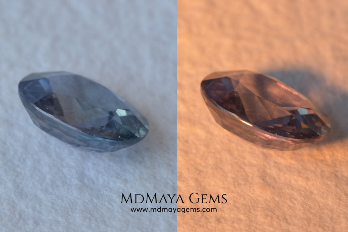 Unheated Color Change Sapphire 4.03 ct. Oval Cut. This untreated gemstone is violetish blue in daylight and purple in incandescent light. A large gem at an affordable price. The gem has a nick on the girdle (not visible with the nacked eye), it will look perfect mounted in any piece of jewelry. Don't miss it! 