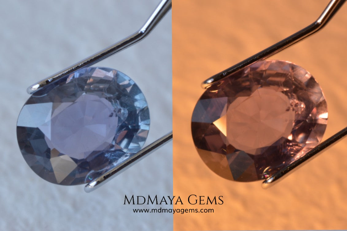 Unheated Color Change Sapphire 4.03 ct. Oval Cut. This untreated gemstone is violetish blue in daylight and purple in incandescent light. A large gem at an affordable price. The gem has a nick on the girdle (not visible with the nacked eye), it will look perfect mounted in any piece of jewelry. Don't miss it! 