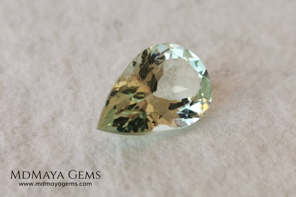 Light yellowish green Beryl. Pear cut, 2.87 ct. Elegant and bright natural gemstone, with excellent proportions and clarity. A beautiful and affordable untreated gemstone. 