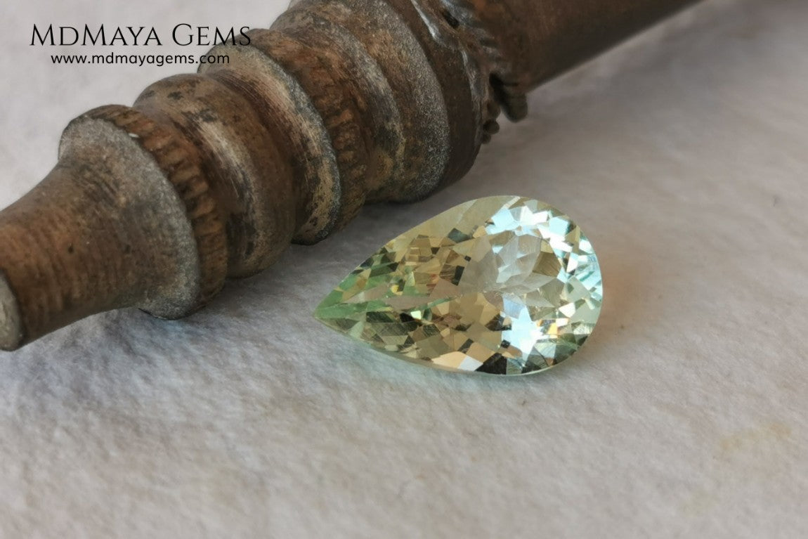 Light yellowish green Beryl. Pear cut, 2.87 ct. Elegant and bright natural gemstone, with excellent proportions and clarity. A beautiful and affordable untreated gemstone. 