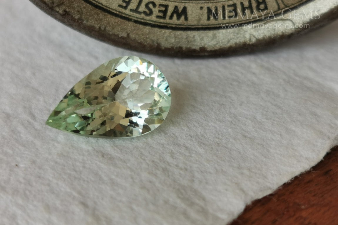 Light yellowish green Beryl. Pear cut, 2.87 ct. Elegant and bright natural gemstone, with excellent proportions and clarity. A beautiful and affordable untreated gemstone. 