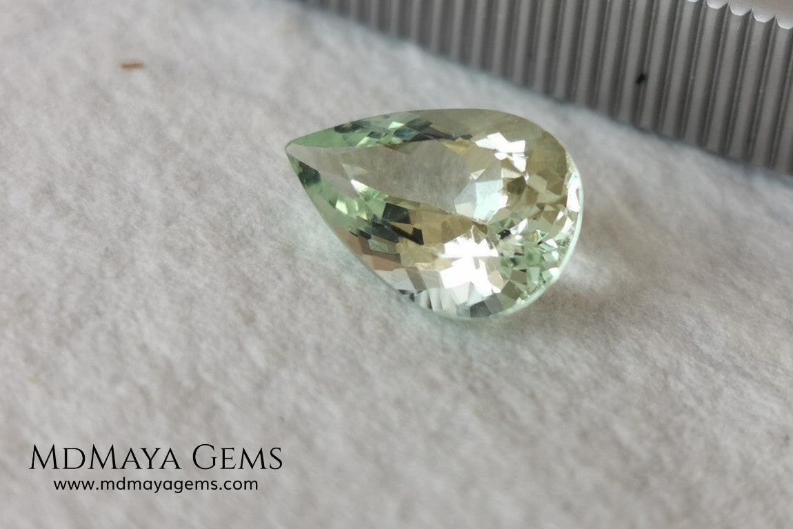 Light yellowish green Beryl. Pear cut, 2.87 ct. Elegant and bright natural gemstone, with excellent proportions and clarity. A beautiful and affordable untreated gemstone. 