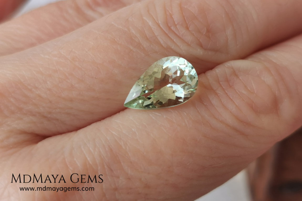 Light yellowish green Beryl. Pear cut, 2.87 ct. Elegant and bright natural gemstone, with excellent proportions and clarity. A beautiful and affordable untreated gemstone. 