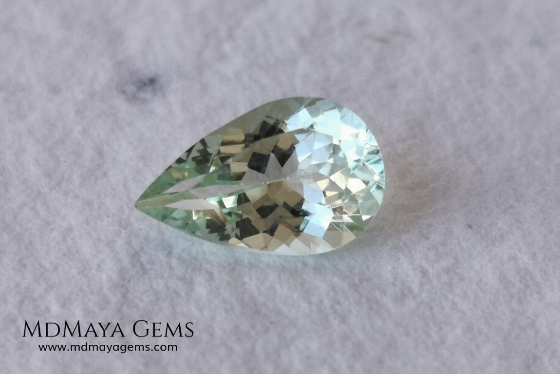Light yellowish green Beryl. Pear cut, 2.87 ct. Elegant and bright natural gemstone, with excellent proportions and clarity. A beautiful and affordable untreated gemstone. 