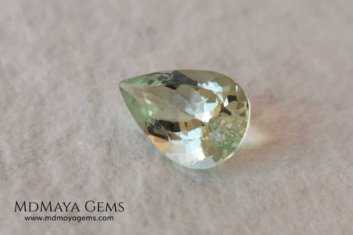 Light yellowish green Beryl. Pear cut, 2.87 ct. Elegant and bright natural gemstone, with excellent proportions and clarity. A beautiful and affordable untreated gemstone. 