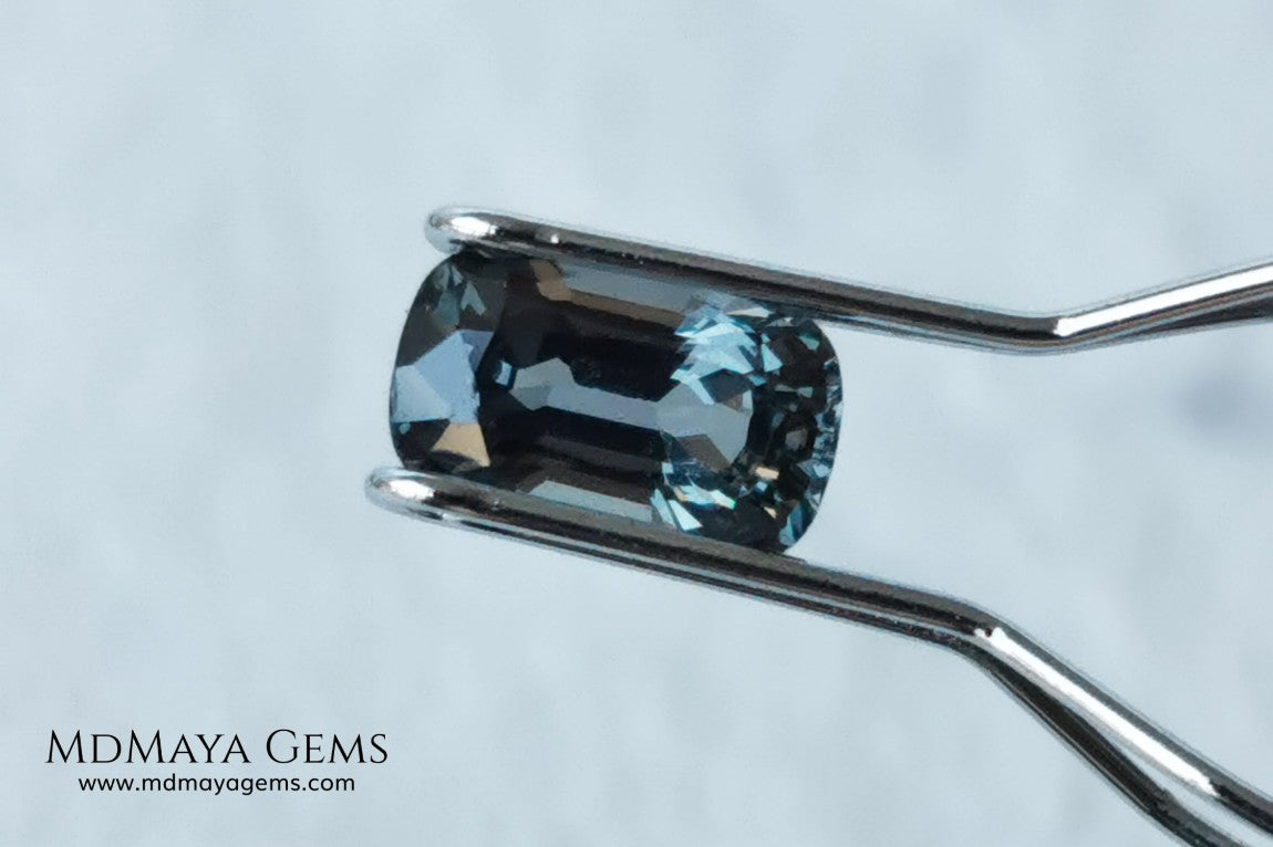 Bluish Gray Spinel Unheated, Cushion Cut, 1.03 ct. Perfect for a special ring. This beautiful precious stone dark has a beautiful cut and shine, an excellent natural gem at an irresistible price.