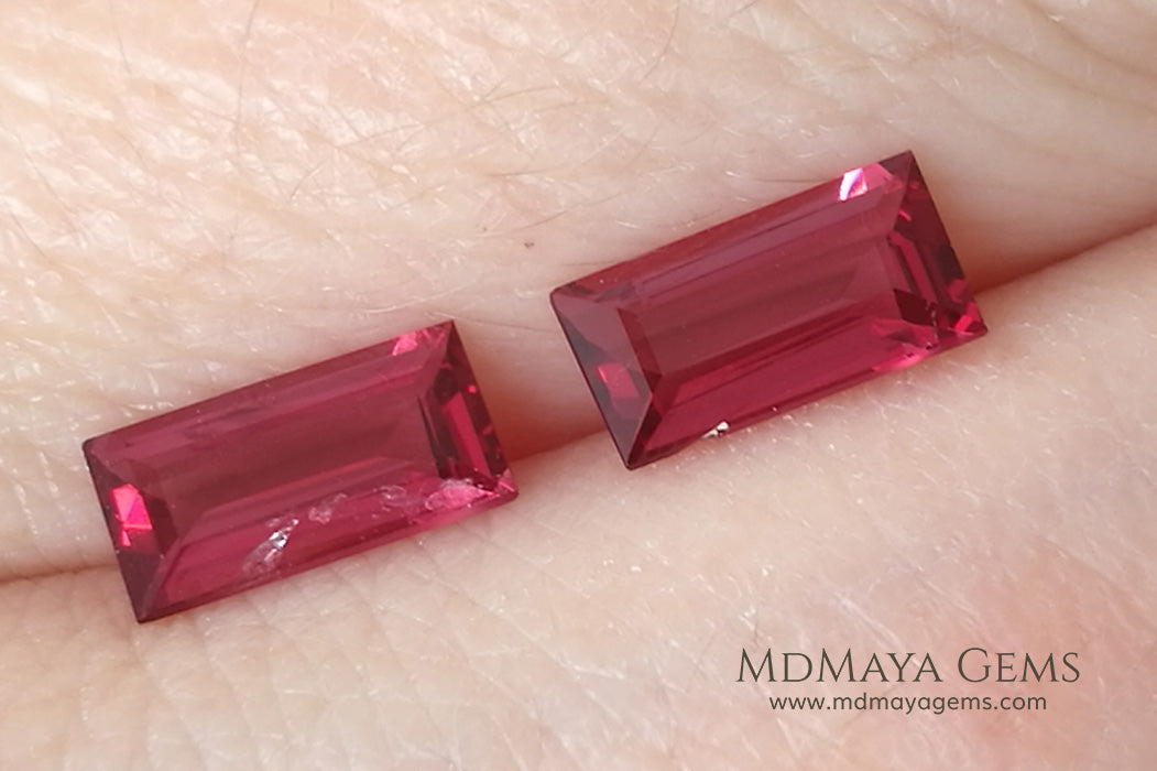 Rich Burmese Red Spinel Baguette Cut 1.75 ct pair