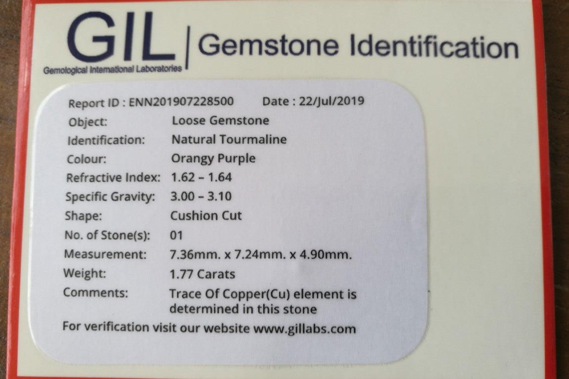 Reddish Orange Tourmaline for sale 1.77 ct cushion cut 7*7 mm MdMaya Gems