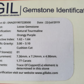 Reddish Orange Tourmaline for sale 1.77 ct cushion cut 7*7 mm MdMaya Gems