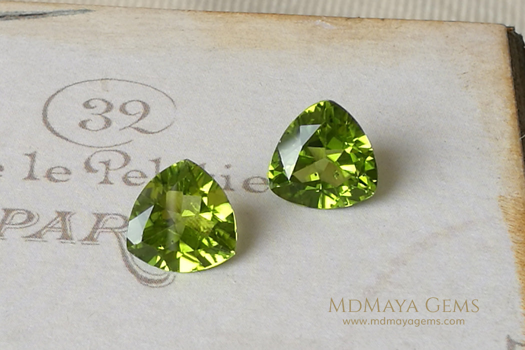 Genuine Green Peridot Gems Trillion Cut 6.50 ct pair