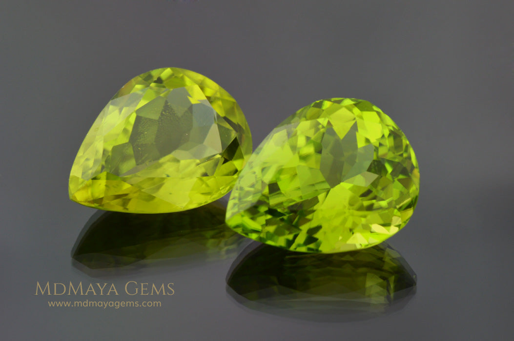 Richest Green Peridot Gems Pear Cut 13.41 ct pair