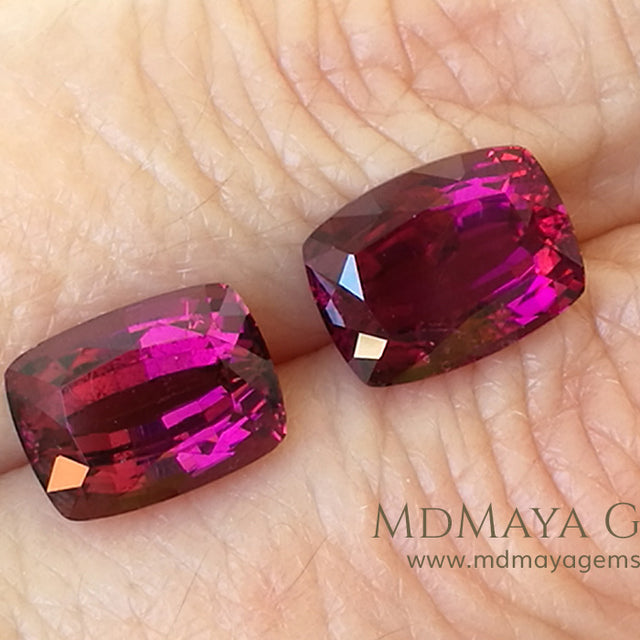 Pair Rubellite Tourmaline from Mozambique Fabulous Match 6.25 ct pair cushion cut under daylight