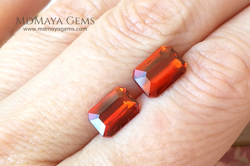 Pair Orange Spessartite Garnets Emerald cut 5.45 ct