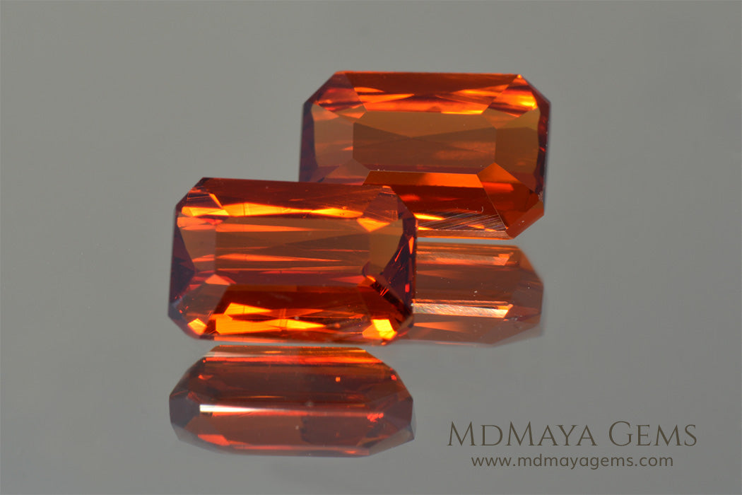 Pair Orange Spessartite Garnets Emerald cut 5.45 ct