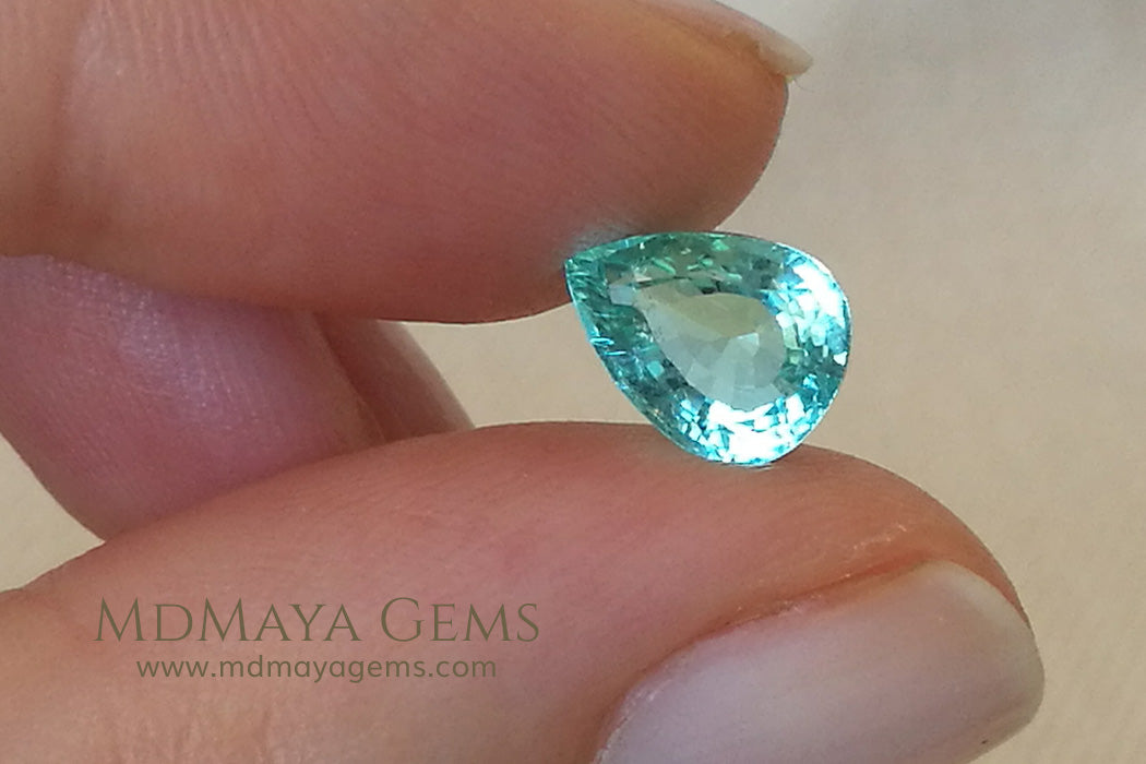 Finest Neon Greenish Blue Paraiba Pear Cut 2.21 ct under daylight