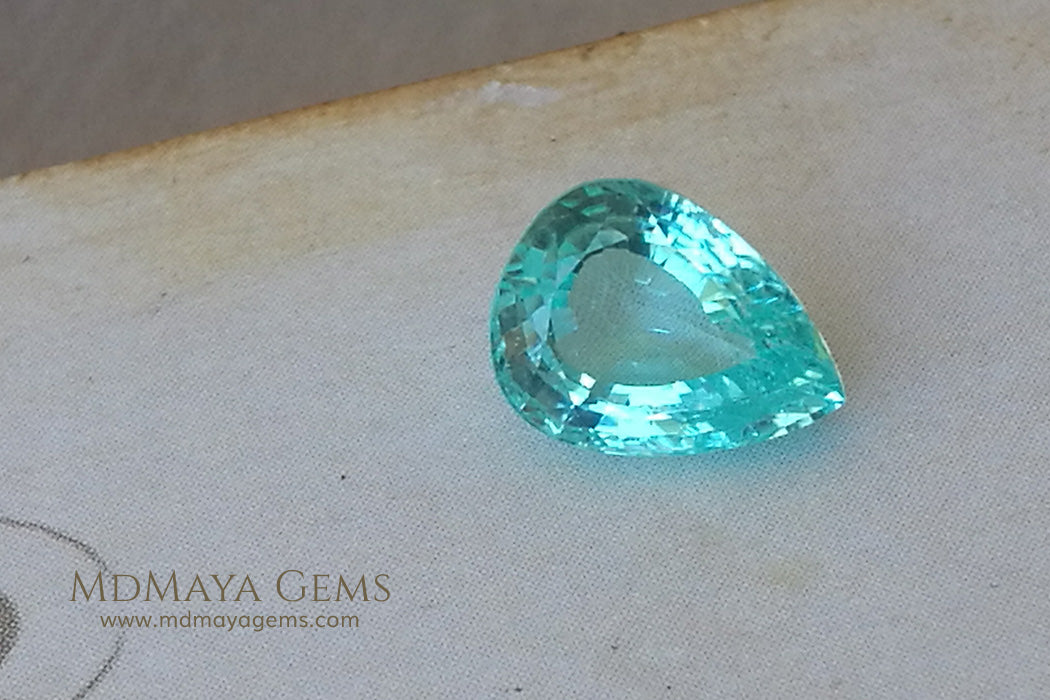 Finest Neon Greenish Blue Paraiba Pear Cut 2.21 ct under daylight