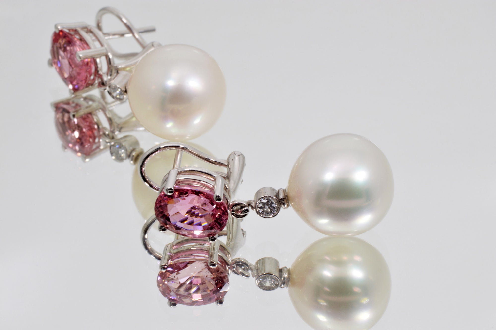 Silver Pink South Sea Pearl Earrings with diamonds