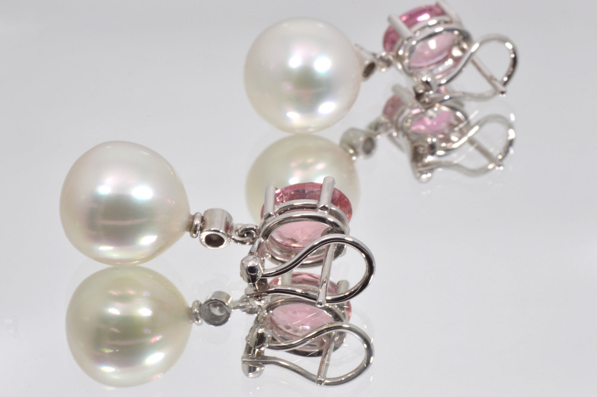 Pavilion of Silver Pink South Sea Pearl Earrings with diamonds