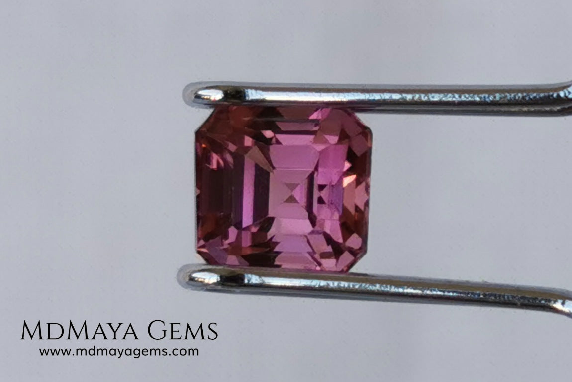 Amazing pink tourmaline, 0.63 ct, asscher cut - square. This small tourmaline has a great brightness and saturation, it is very balanced in color, its asscher size makes it look bigger than it really is, it will be perfect in a ring. It is a great gem at a reduced price
