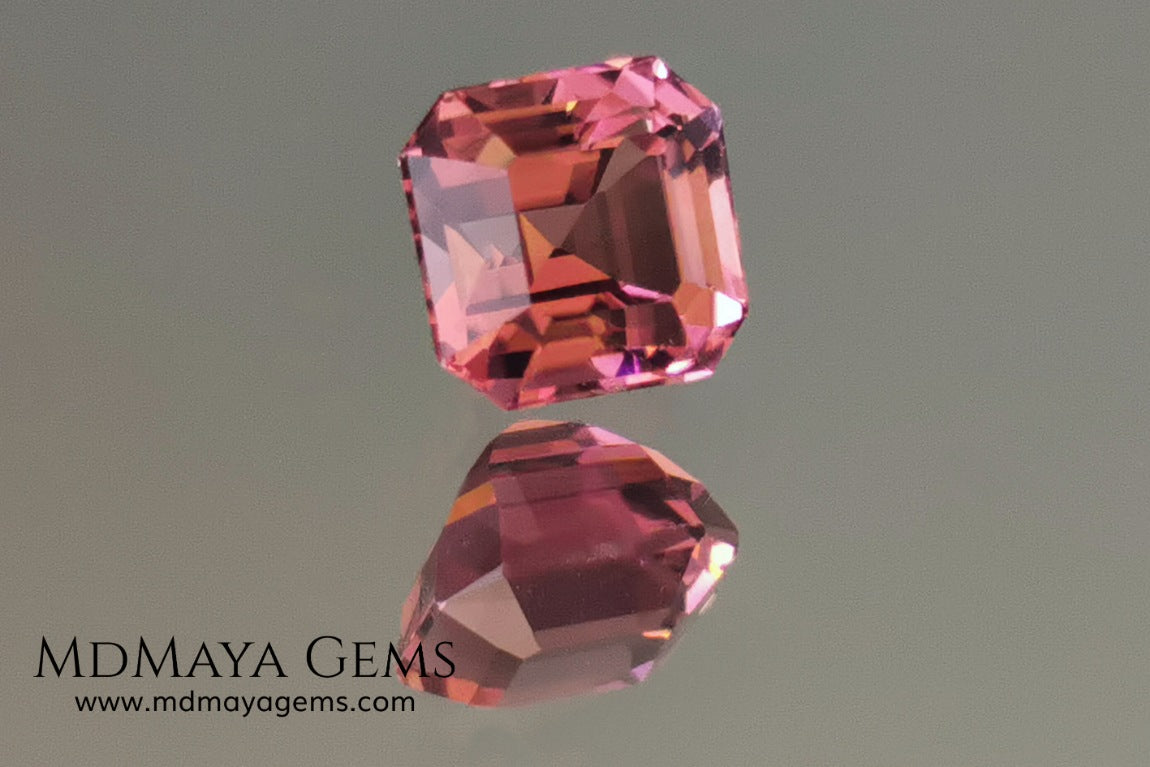 Reddish Pink tourmaline. Asscher cut - Square 6 mm. 1.45 ct.  Beautiful pink tourmaline, with great bright and saturation. It has a great quality of cut, very well proportioned. Its behavior under any type of light is very good. Looking gorgeous under any type of lighting. It would look perfect on an engagement ring or any jewel you can imagine. A great gem at a low price.
