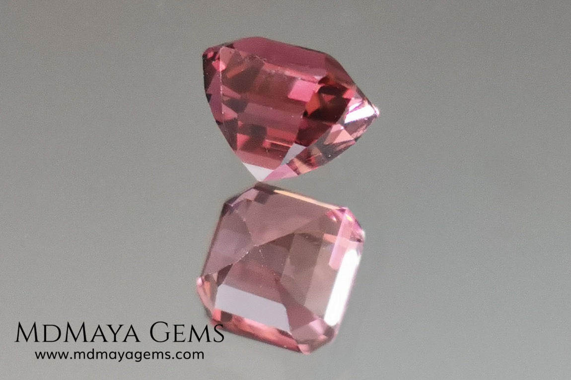 Reddish Pink tourmaline. Asscher cut - Square 6 mm. 1.45 ct.  Beautiful pink tourmaline, with great bright and saturation. It has a great quality of cut, very well proportioned. Its behavior under any type of light is very good. Looking gorgeous under any type of lighting. It would look perfect on an engagement ring or any jewel you can imagine. A great gem at a low price.