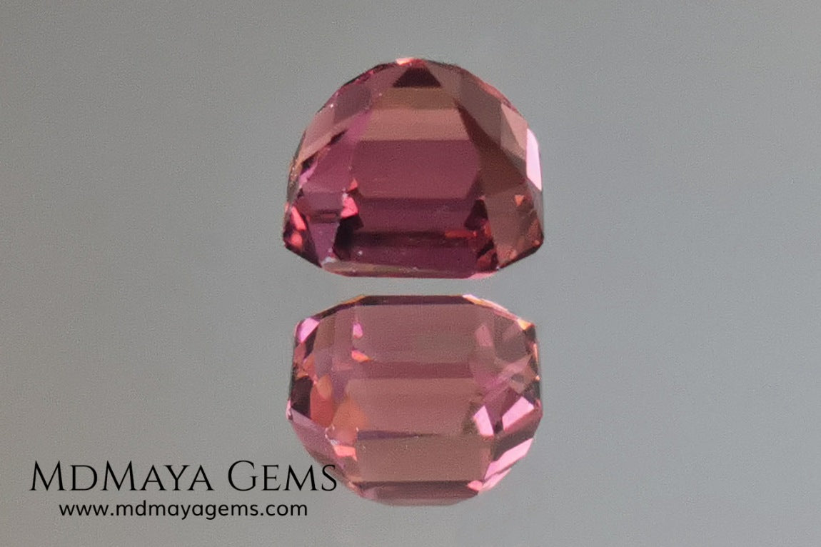 Reddish Pink tourmaline. Asscher cut - Square 6 mm. 1.45 ct.  Beautiful pink tourmaline, with great bright and saturation. It has a great quality of cut, very well proportioned. Its behavior under any type of light is very good. Looking gorgeous under any type of lighting. It would look perfect on an engagement ring or any jewel you can imagine. A great gem at a low price.