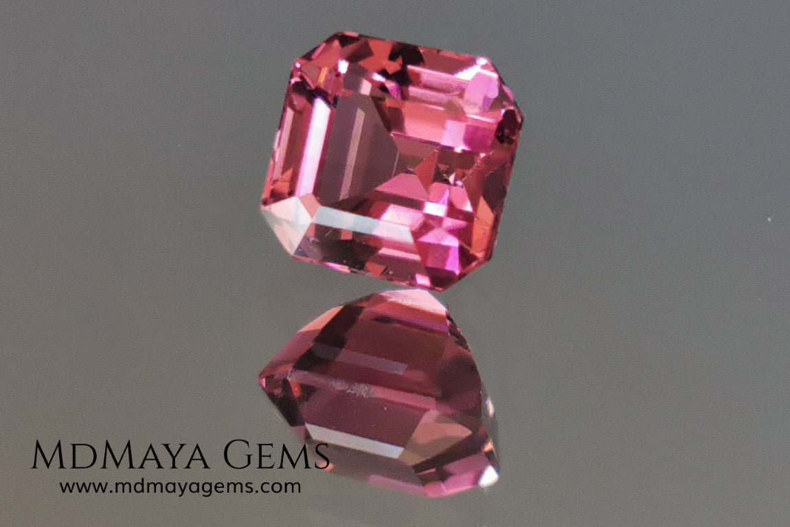 Reddish Pink tourmaline. Asscher cut - Square 6 mm. 1.45 ct.  Beautiful pink tourmaline, with great bright and saturation. It has a great quality of cut, very well proportioned. Its behavior under any type of light is very good. Looking gorgeous under any type of lighting. It would look perfect on an engagement ring or any jewel you can imagine. A great gem at a low price.