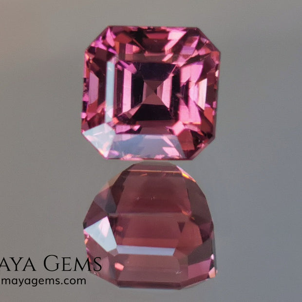Reddish pink tourmaline. Asscher cut. 2.65 ct. This natural gemstone has a very saturated reddish-pink color, along with its beautiful cut and size, it will be look amazing in a ring. A great gem.